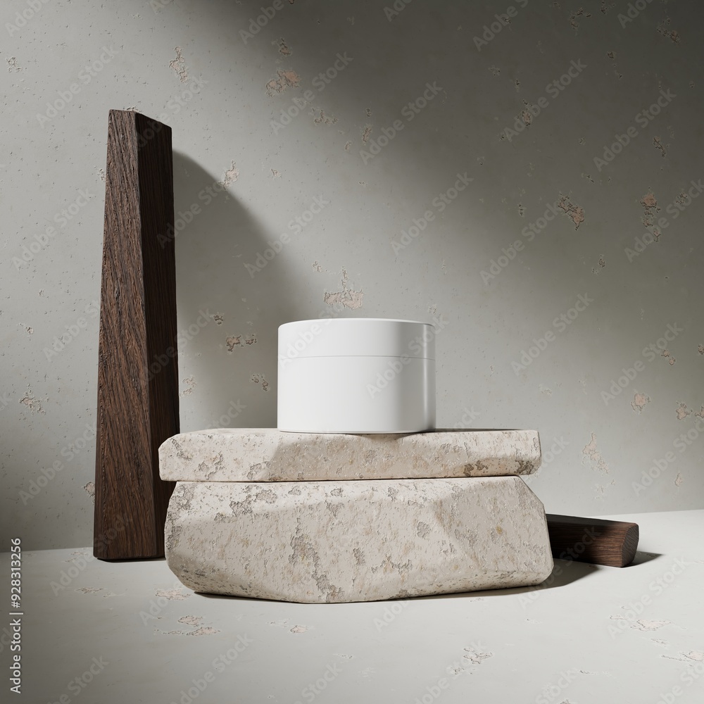 Aufkleber serene display of minimalist design showcases textured stone and wooden elements, creating a harmoni
