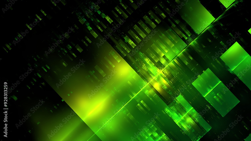 Fototapete Dynamic green geometric patterns blend with light to form a vivid digital landscape that evokes a sense of depth and technology. 3d render