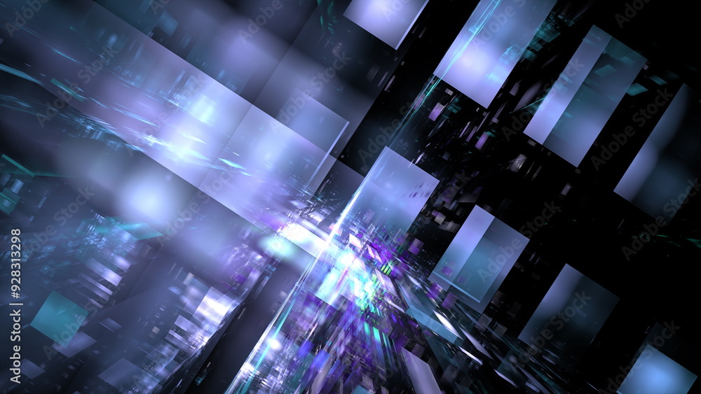 Fototapete Colors and light blend in an abstract digital world filled with geometric shapes, creating a vivid sense of depth and movement. 3d render