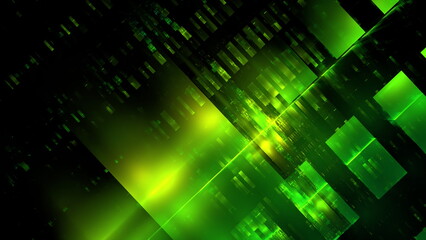 Dynamic green geometric patterns blend with light to form a vivid digital landscape that evokes a sense of depth and technology. 3d render
