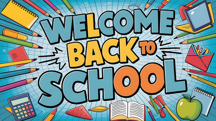 Back to school sale banner with colorful pencil and other learning items on hand drawn doodle