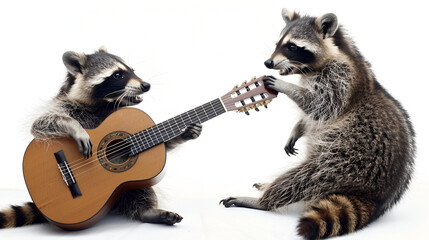 Surprised raccoon looking at a raccoon playing on guitar isolated on white background ,Two funny raccoons sitting together,Portrait of a funny raccoon with guitar ,Funny singing raccoon with acoustic
