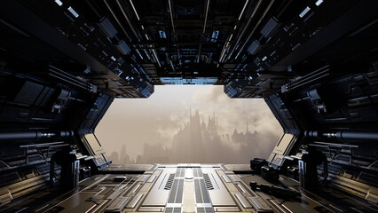 Interior of a spaceship with a view of a distant city through a large window. 3d render © angel_nt