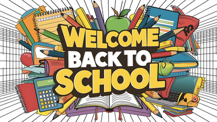 Back to school sale banner with colorful pencil and other learning items on hand drawn doodle