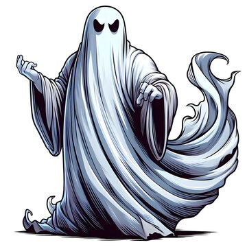 recommend clip art: Spooky halloween cute ghost. Fly phantom spirit with scary face. Cute friendly halloween ghost on a white background.