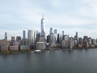 Manhattan skyline from drone. Manhattan over the Hudson river. Manhattan cityscape, aerial view....