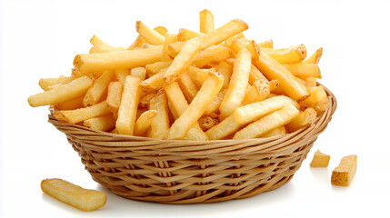 golden, crispy French fries, isolated on a white background. The image highlights the texture and crispiness of the fries