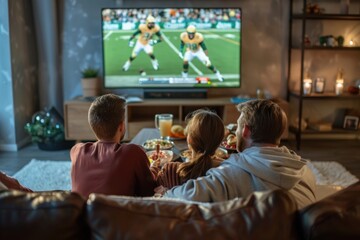 A family is watching a football game on a large television