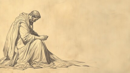 Fototapeta premium Biblical Illustration of Jehoshaphat Kneeling in Prayer in 2 Chronicles, Seeking Wisdom and Guidance for Leading Judah in Peace and Prosperity, Beige Background