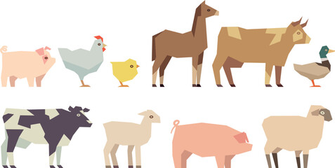 Farm animal set in flat color polygonal style