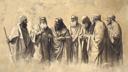 Fototapeta premium Biblical Illustration of Rehoboam and Elders of Jerusalem Gathering After Shishak’s Attack in 2 Chronicles, Seeking Guidance on How to Rebuild and Recover, Beige Background