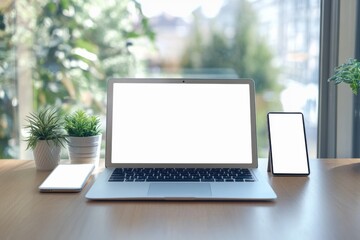 Fototapeta premium Blank laptop computer mockup and accessories on a white desk in a modern office