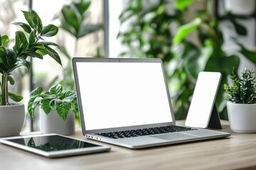 Fototapeta premium Blank laptop computer mockup and accessories on a white desk in a modern office