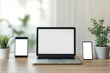 Fototapeta premium Blank laptop computer mockup and accessories on a white desk in a modern office