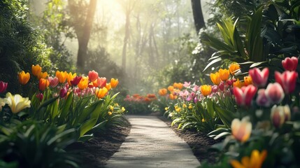 Obraz premium A path through a garden with colorful tulips and morning sunlight