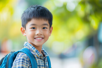 Asian young boy wearing a backpack and  shirt is smiling. Concept of happiness and innocence, as the boy appears to be enjoying his time outdoors