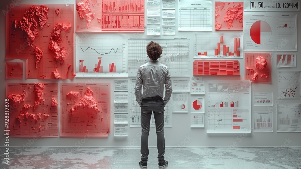 Poster a business professional analyzes vibrant data visualizations on a wall, showcasing graphs and charts