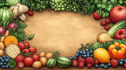 Flat cartoon hand-drawn background template for World Food Day in October, featuring an assortment of foods, fruits, and vegetables.