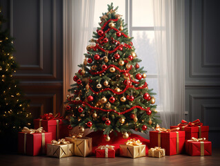 Awesome Christmas presents and tree on bed at home
