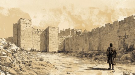 Fototapeta premium Biblical Illustration of King Jehoash Capturing Amaziah in 2 Chronicles, Bringing Him to Jerusalem and Partially Destroying the City Walls, Beige Background