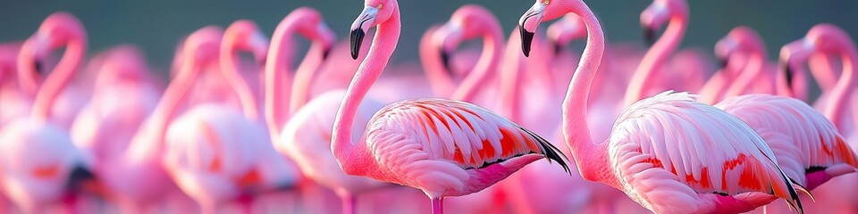 Naklejka premium Flamingo. A large group of pink flamingos walking in the lake