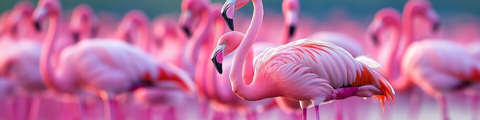 Naklejka premium Flamingo. A large group of pink flamingos walking in the lake