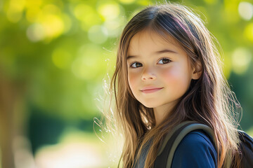 Fototapeta premium young girl with long brown hair and a backpack is smiling for the camera. Concept of innocence and youthfulness, as the girl appears to be enjoying her time outdoors