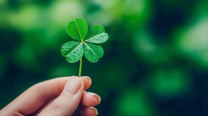 a woman's hand holding a four-leaf clover between the fingers - concept of luck