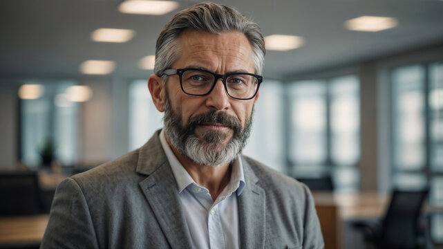 Bellissimo uomo d'affari di 50 anni con occhiali, capelli e barba brizzolati in un moderno ufficio con vestito elegante