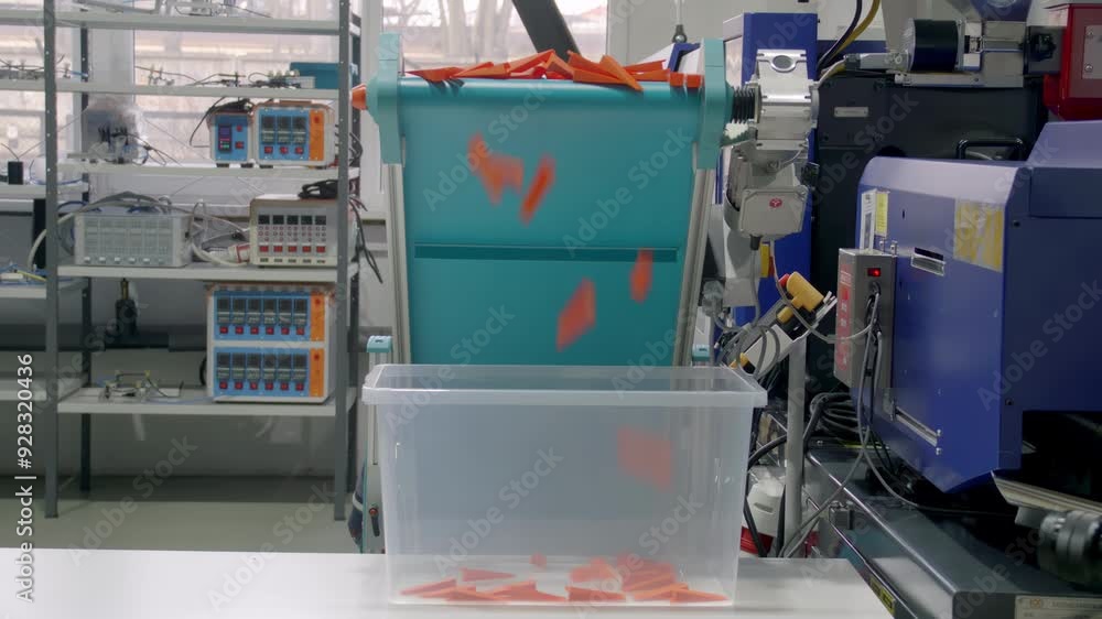 Poster orange bricks drop into a clear plastic container on an automated assembly line in a lab setting