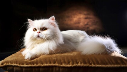 Persian cat lounging on brown velvet cushion, fluffy white coat, style luxury pet photography. 2