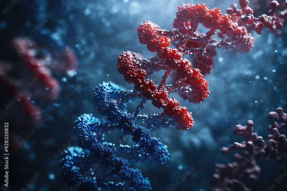 Poster close-up view of a dna strand forming, with its intricate double helix structure, providing a visual
