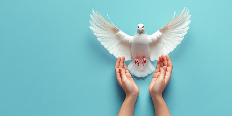 Woman gently holds a white dove, symbolizing peace and hope on a blue background. The image conveys purity, spirituality, and faith, evoking love, harmony, and tranquility. International Day of Peace