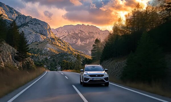 rental car in spain mountain landscape road at sunset