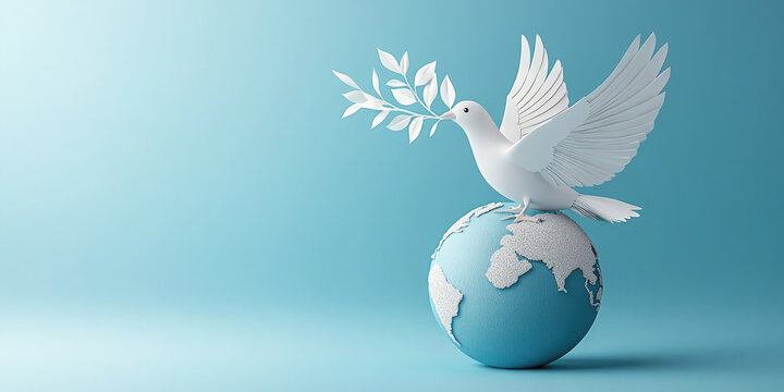 Minimalist rendering of a white dove carrying an olive branch while standing on planet earth, symbolizing peace and harmony. .International Day of Peace. Banner. Copy space