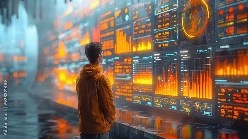 Poster a futuristic scene featuring a person analyzing glowing data displays in a high-tech environment.