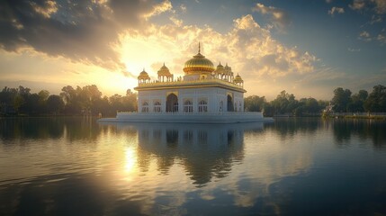 Fototapeta premium Majestic view of a Sikh gurdwara with its golden dome surrounded by tranquil waters, creating a serene and spiritual atmosphere