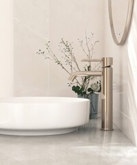 White round ceramic washbasin, chrome faucet, mirror on gray marble stone vanity bathroom counter for luxury beauty, cosmetic, skincare, toiletries product background 3D