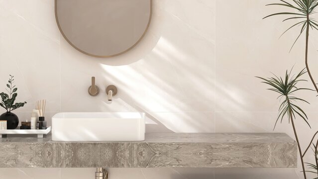 White ceramic rectangle washbasin on stone vanity bathroom counter in sunlight on marble tile wall, green tropical tree for luxury beauty, cosmetic, skincare, toiletries product background 3D