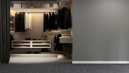 Luxury walk in closet with suits, pants, shoes in gray wall bedroom with carpet floor, black drapery curtain for interior design decoration, product background 3D