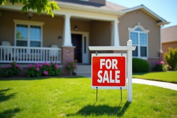 House for sale sign in front yard, selling house concept.
