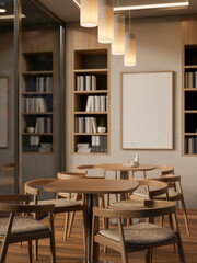 A contemporary Scandinavian cafe seating area features wooden tables and chairs by the window.