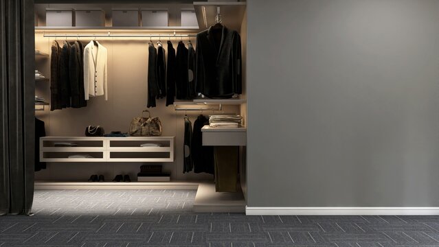 Luxury walk in closet with suits, pants, shoes in gray wall bedroom with carpet floor, black drapery curtain for interior design decoration, product background 3D