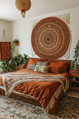 A bohemian-style boho bedroom mockup large mandala wall art in earth tones, red burnt orange bedding, plants pillows rug inviting, comfortable interior design vertical image