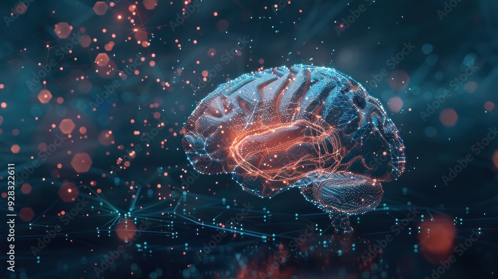 Poster brain. low poly abstract digital human brain. neural network. iq testing, artificial intelligence vi