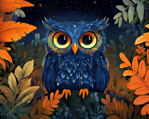 Obraz premium Beautiful illustration of a blue cartoon owl with big eyes in a forest with orange and green leaves at night