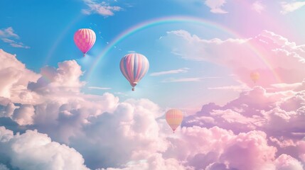 Obraz premium f Bright balloons and vivid rainbows on a blue sky with pink clouds, Colorful hot air balloons above the clouds, Hot air balloons in the sky with rainbow and clouds, fantasy background