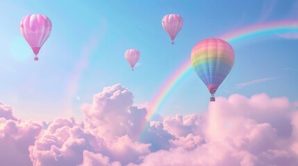 f Bright balloons and vivid rainbows on a blue sky with pink clouds, Colorful hot air balloons above the clouds, Hot air balloons in the sky with rainbow and clouds, fantasy background