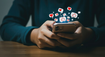 Closeup of a person using smart phone and social media hearts likes icons coming from the phone and float.