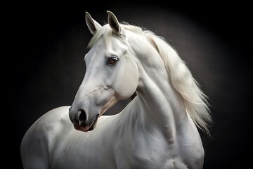 Obraz premium Beautiful Horse Close-Up Against a Black Background for a Captivating Focus. Horse. Black. Background. Close-Up. Beautiful